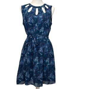 Forever 21 Blue Watercolor Print Align Dress Cutout Detail Neckline